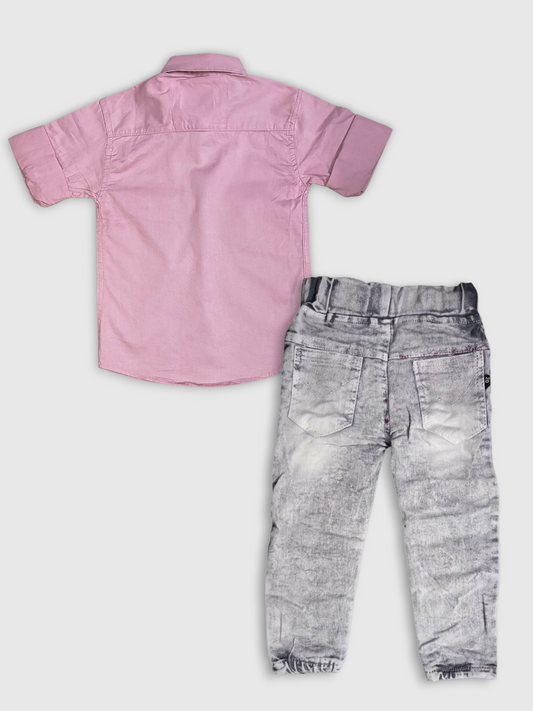 Boys Pink Shirt and Grey Denim Jeans Set – Stylish Casual Outfit