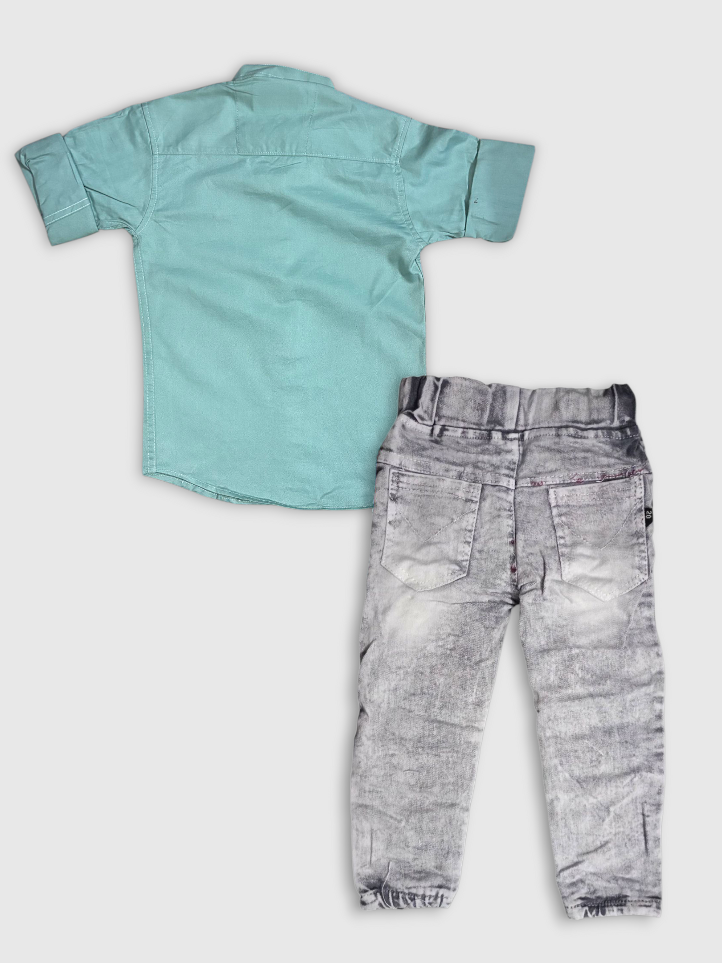 Boys Mint Green Shirt and Grey Denim Jeans Set – Stylish Casual Outfit