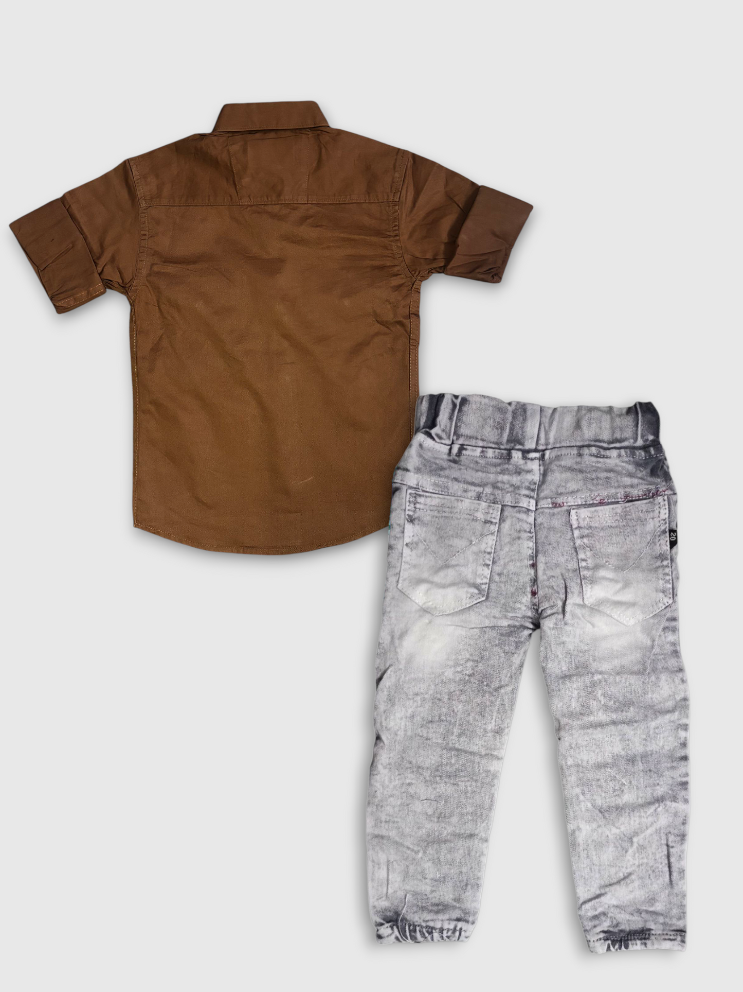 Boys’ Brown Full-Sleeve Shirt & Printed Jogger Jeans Set