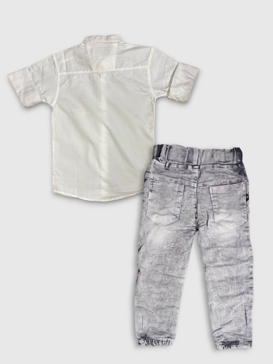 Boys’ White Shirt & Printed Jogger Jeans Set