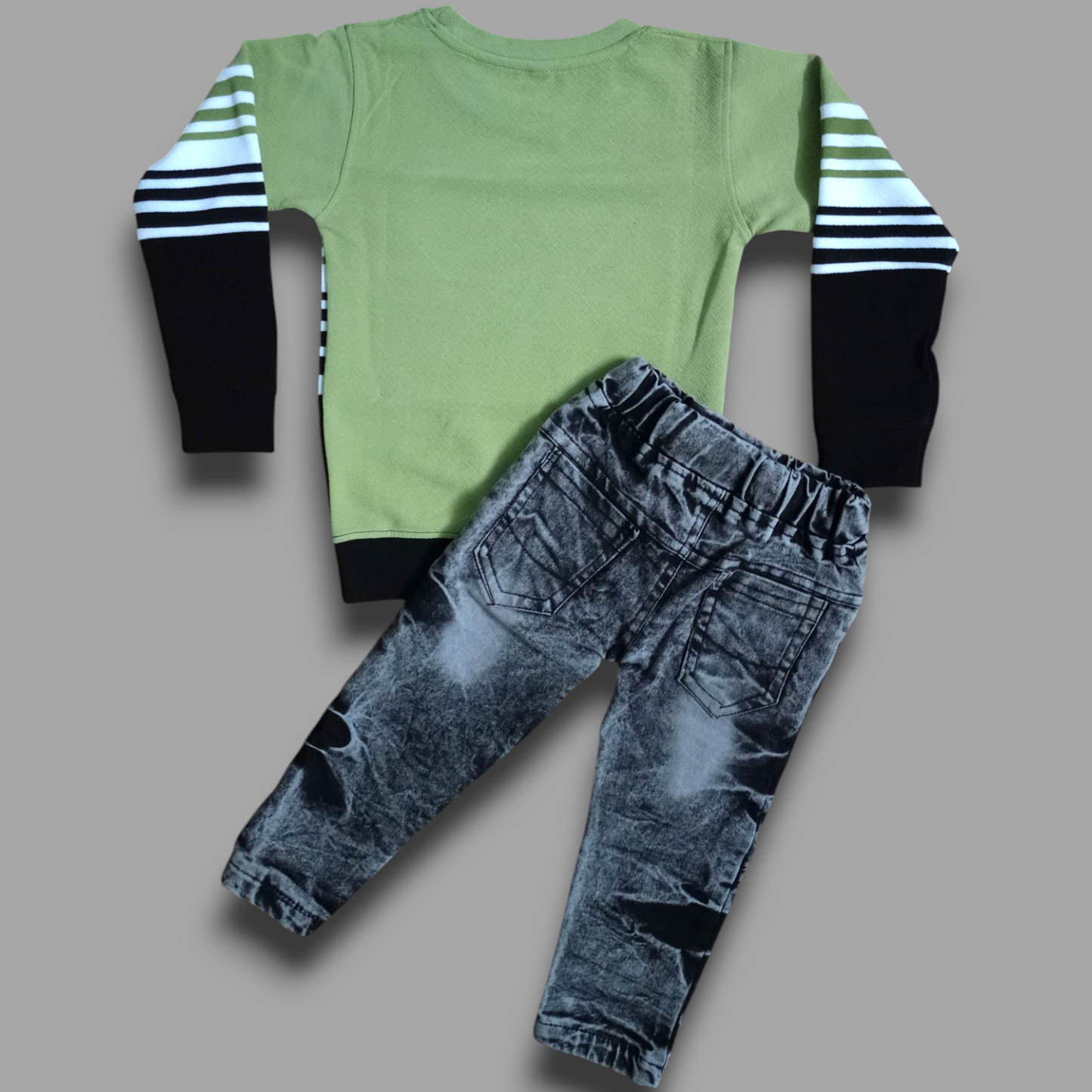 "Green Striped Full Sleeve T-Shirt & Black Denim Jeans Combo"