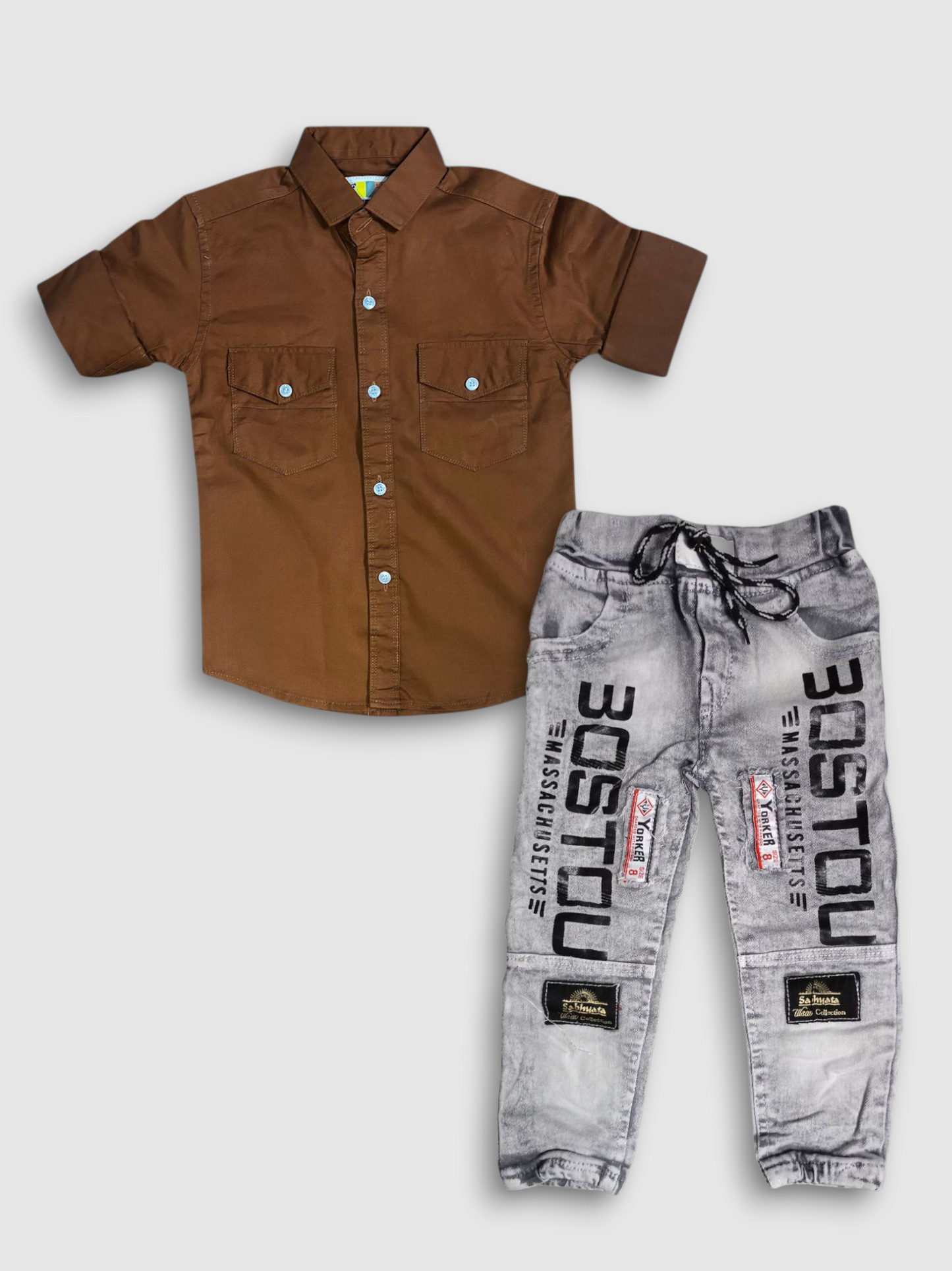 Boys’ Brown Full-Sleeve Shirt & Printed Jogger Jeans Set