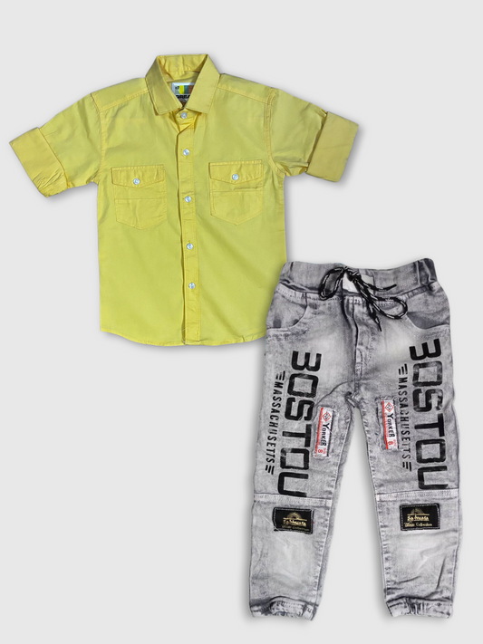 Boys Yellow Shirt and Grey Denim Jeans Set – Stylish Kids Outfit