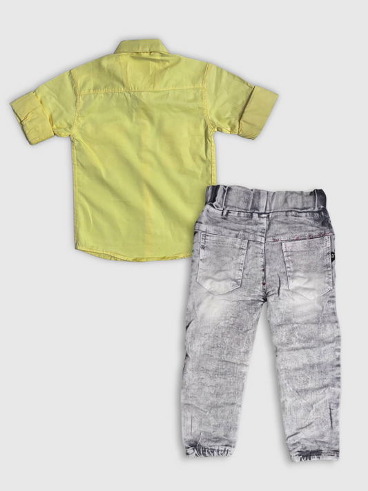 Boys Yellow Shirt and Grey Denim Jeans Set – Stylish Kids Outfit