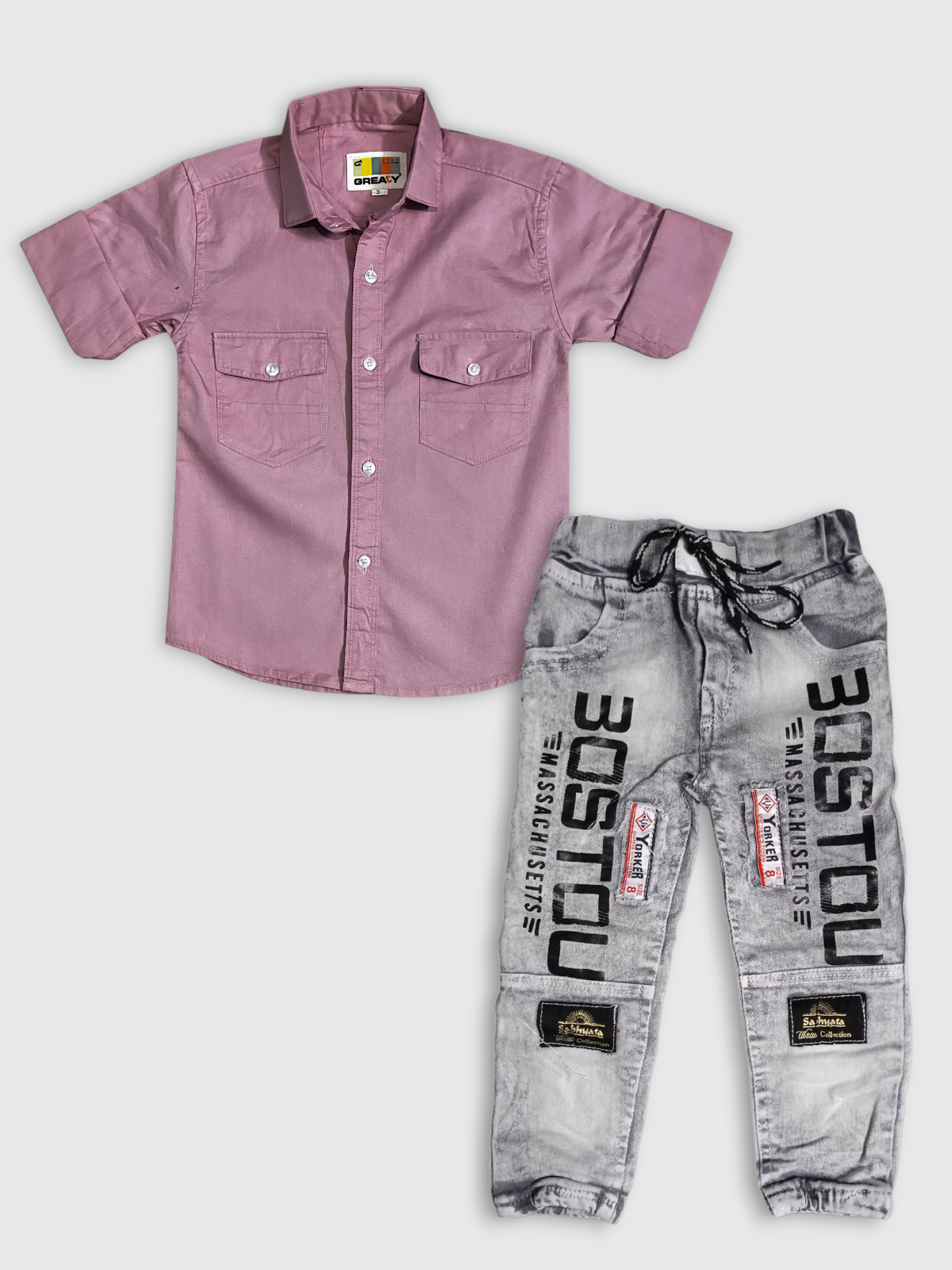 Boys Pink Shirt and Grey Denim Jeans Set – Stylish Casual Outfit