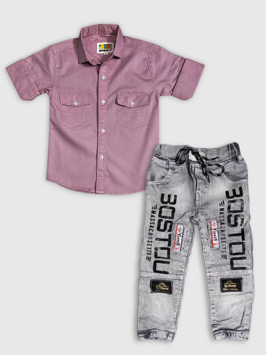 Boys Pink Shirt and Grey Denim Jeans Set – Stylish Casual Outfit