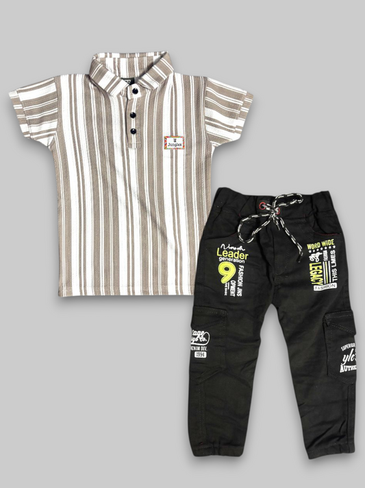 Kids Boys “Mocha Stripe Classic” T-Shirt with Black Denim Jeans Set
