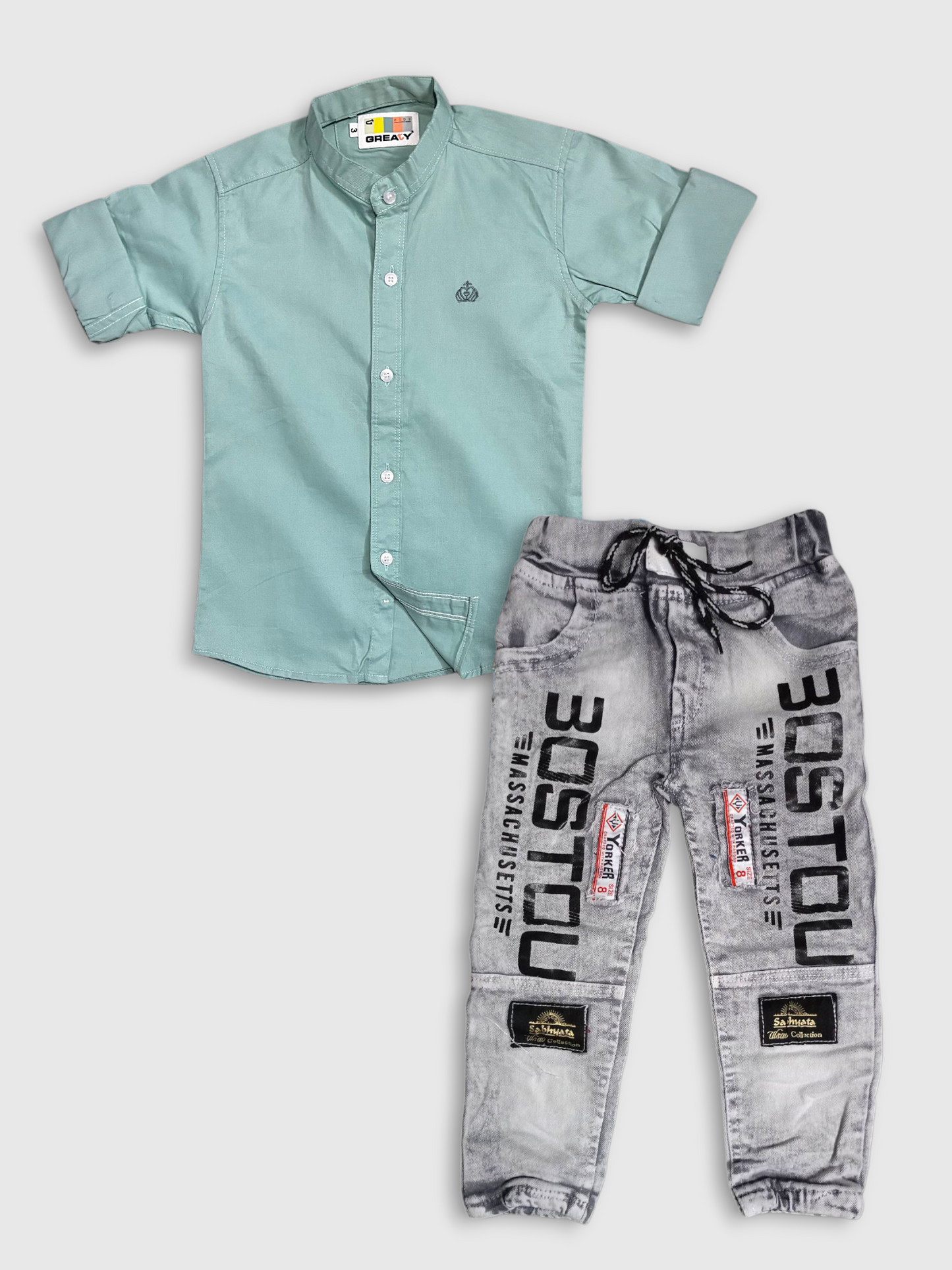 Boys Mint Green Shirt and Grey Denim Jeans Set – Stylish Casual Outfit