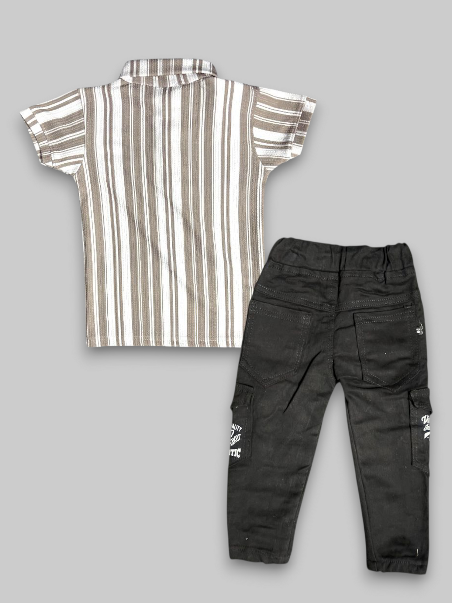 Kids Boys “Mocha Stripe Classic” T-Shirt with Black Denim Jeans Set