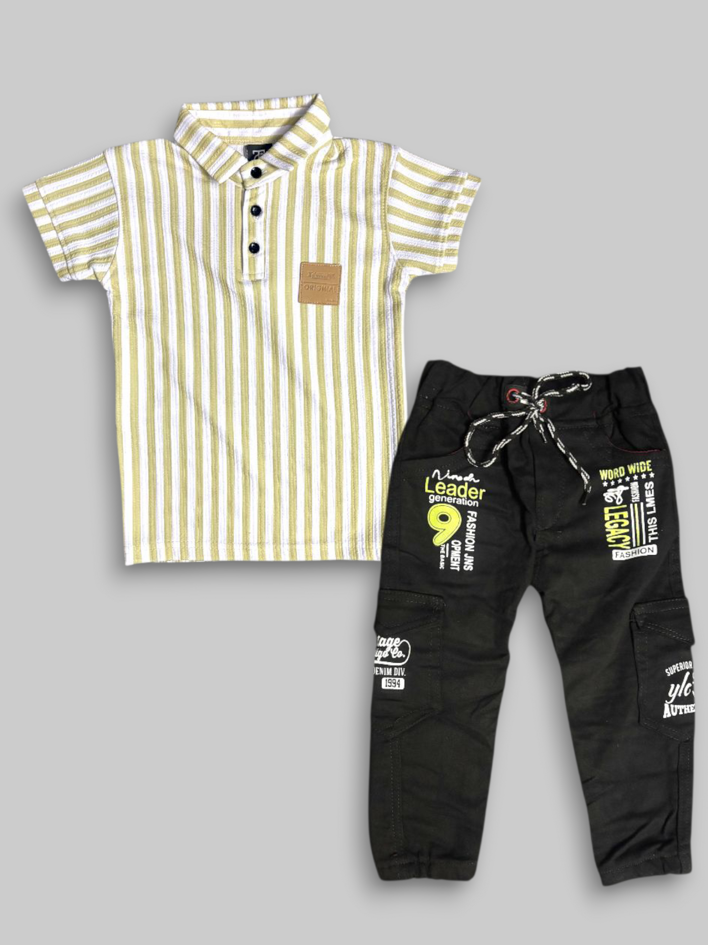 Kids Boys “Lemon Stripe Trend” T-Shirt with Black Denim Jeans Set