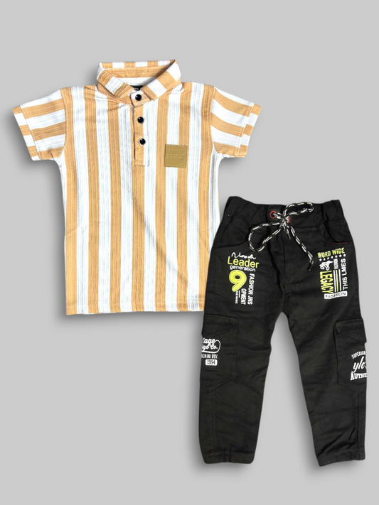 Kids Boys “Caramel Stripe Polo” T-Shirt with Black Denim Jeans Set