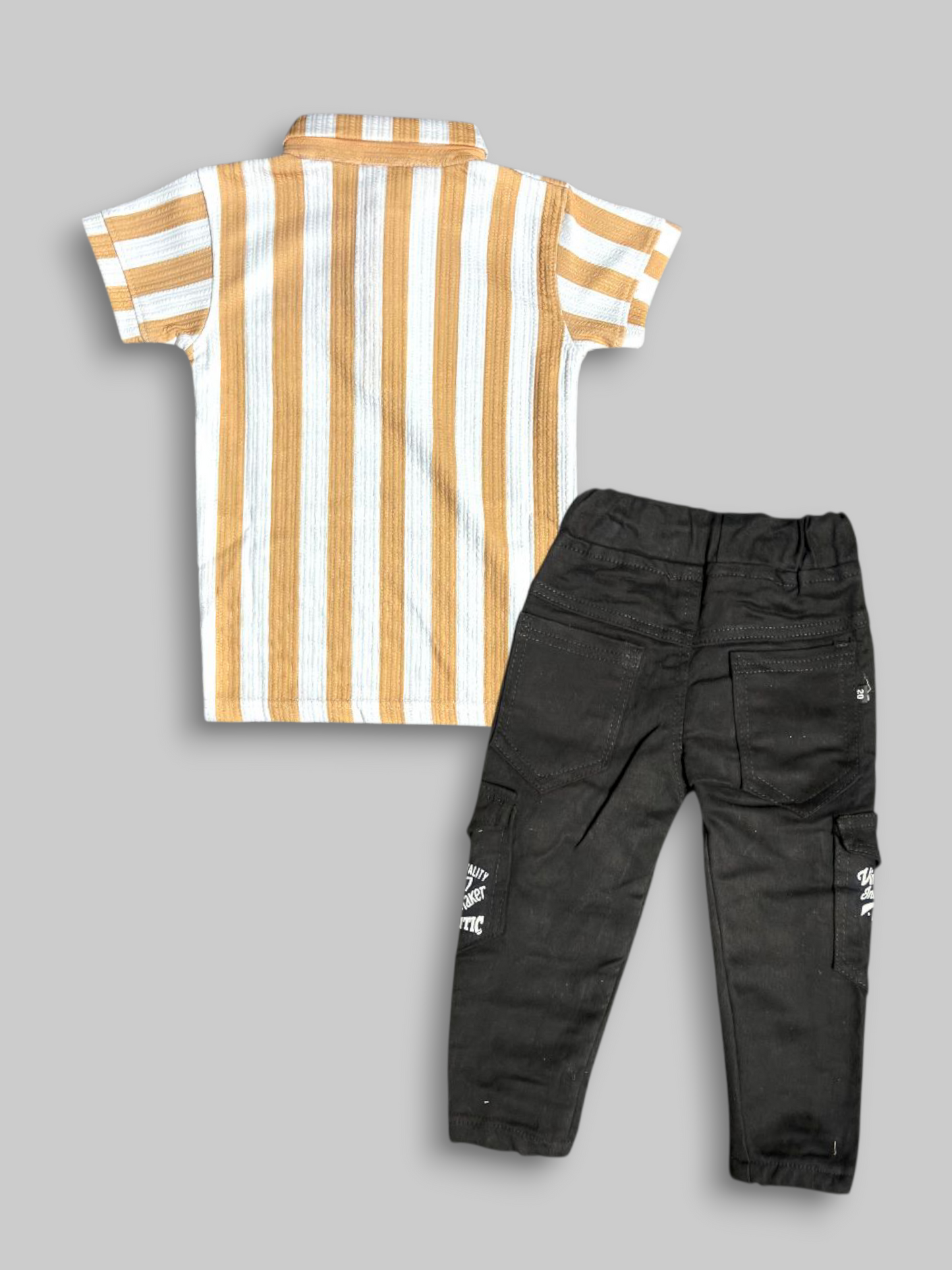 Kids Boys “Caramel Stripe Polo” T-Shirt with Black Denim Jeans Set