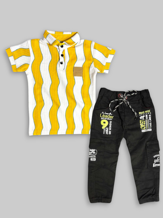 Kids Boys “Mocha Stripe Classic” T-Shirt with Black Denim Jeans Set