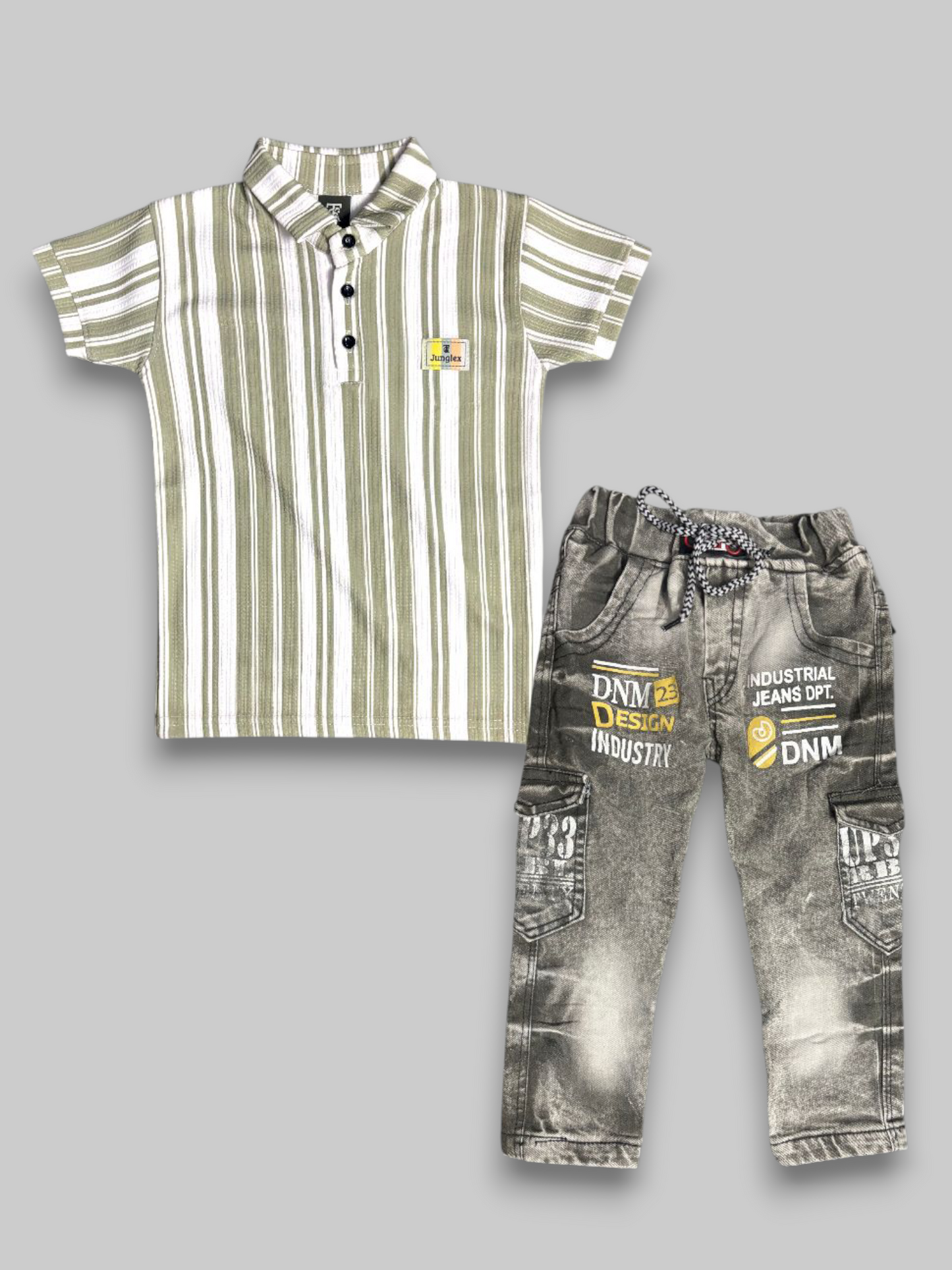 Olive Green Stripe T-Shirt with Denim Jeans Set