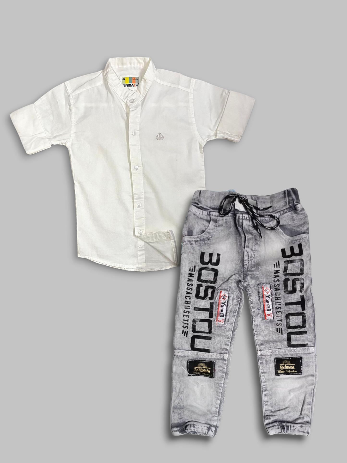 Boys’ White Shirt & Printed Jogger Jeans Set
