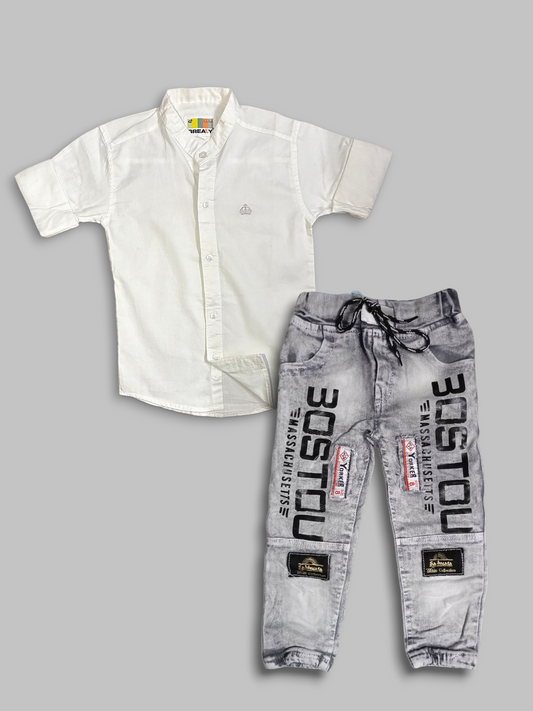 Boys’ White Shirt & Printed Jogger Jeans Set