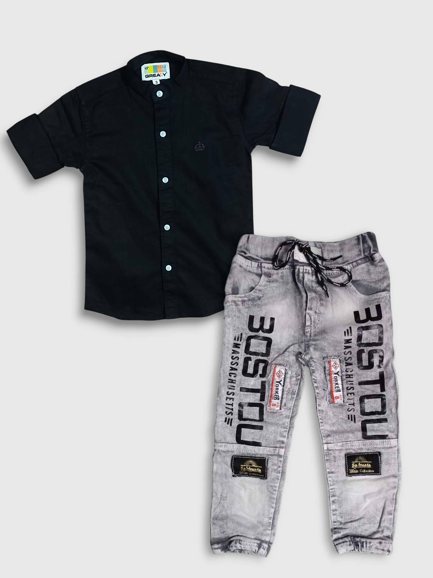 Boys Full Sleeve Black Shirt & Printed Denim Jeans Set – Stylish Casual Outfit