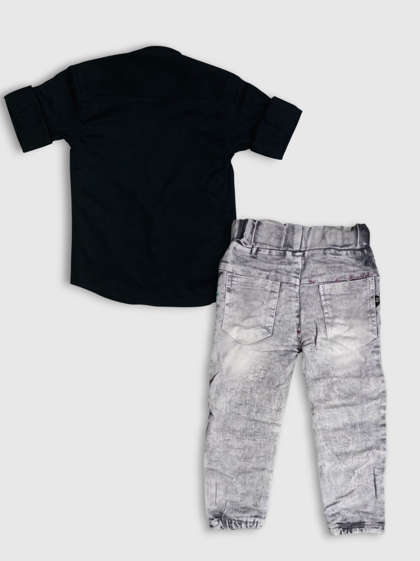 Boys Full Sleeve Black Shirt & Printed Denim Jeans Set – Stylish Casual Outfit