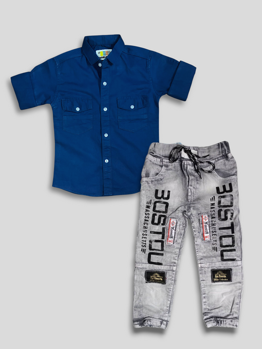 Boys Blue Shirt and Grey Denim Jeans Set – Stylish Kids Outfit