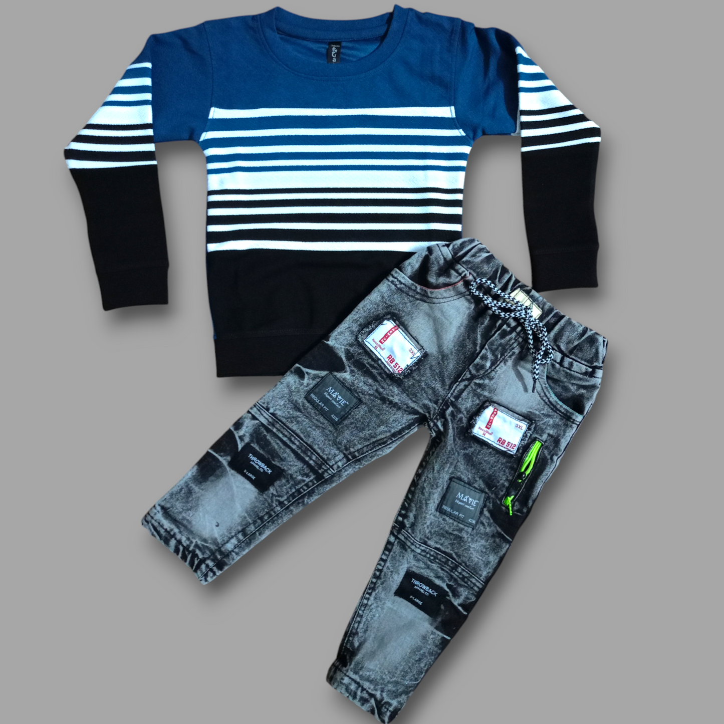 "Blue Striped Full Sleeve T-Shirt & Black Denim Jeans Combo"