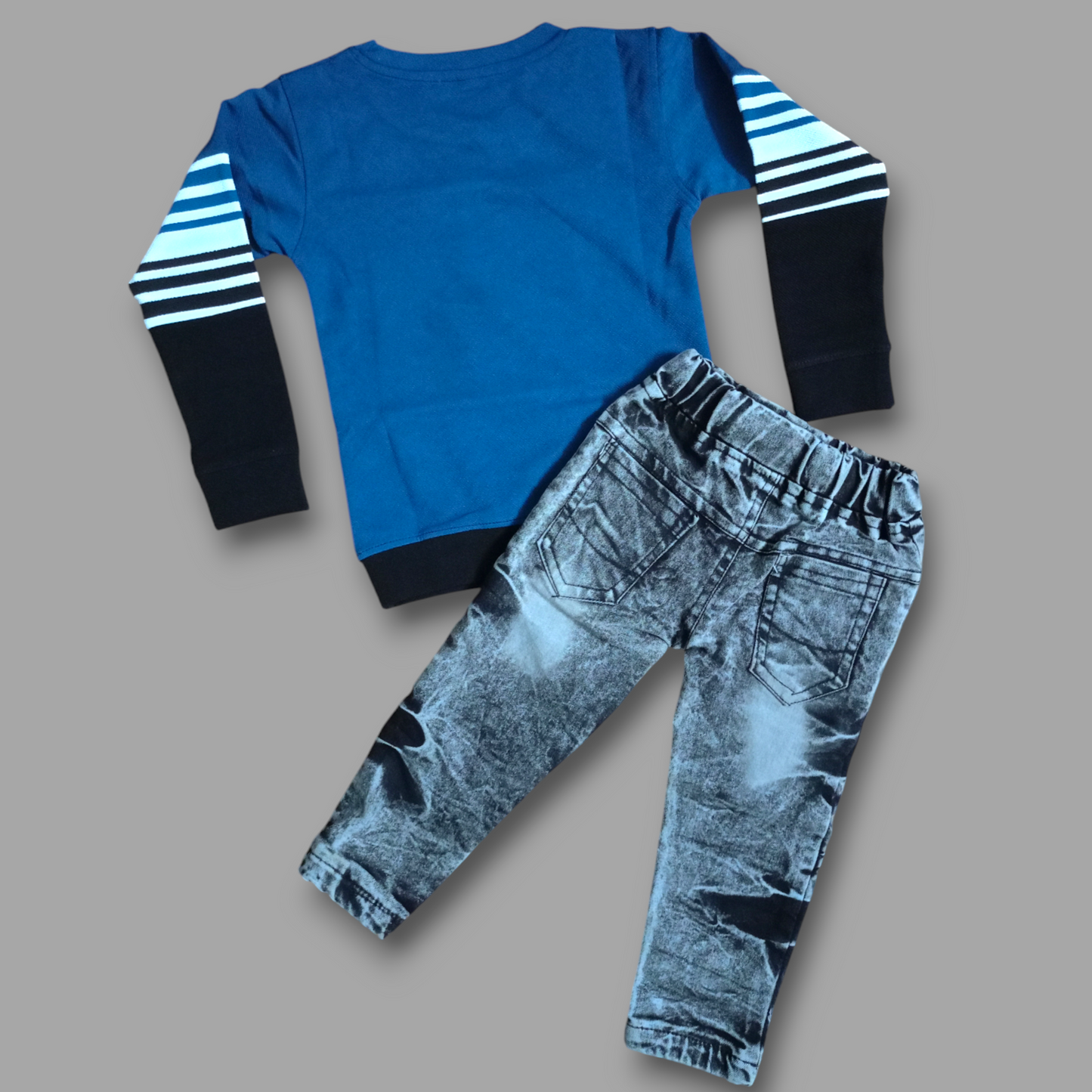 "Blue Striped Full Sleeve T-Shirt & Black Denim Jeans Combo"