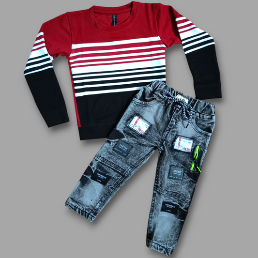 Red Striped Full Sleeve T-Shirt with Black Denim Jeans