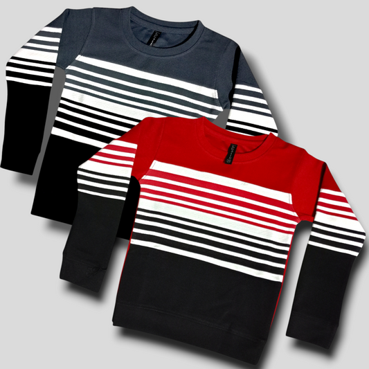 "Boys' Red & Dark Grey Striped Full Sleeve T-Shirt"
