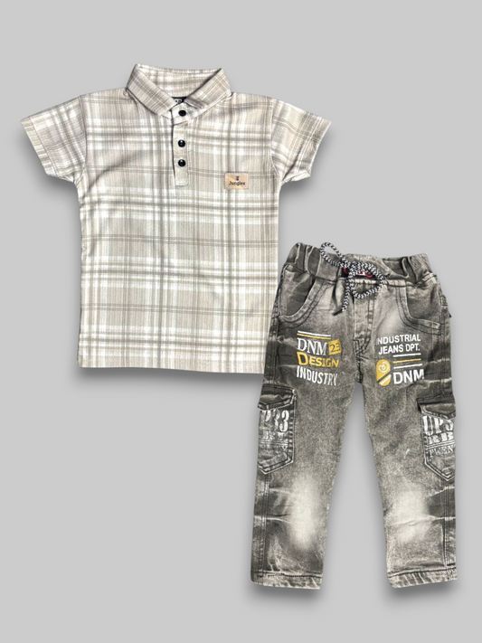 Grey Check T-Shirt with Denim Jeans Set