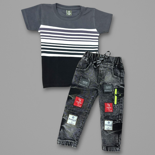 Boys' Dark Grey T-Shirt & Jeans Set – Stylish & Comfortable Jungle X